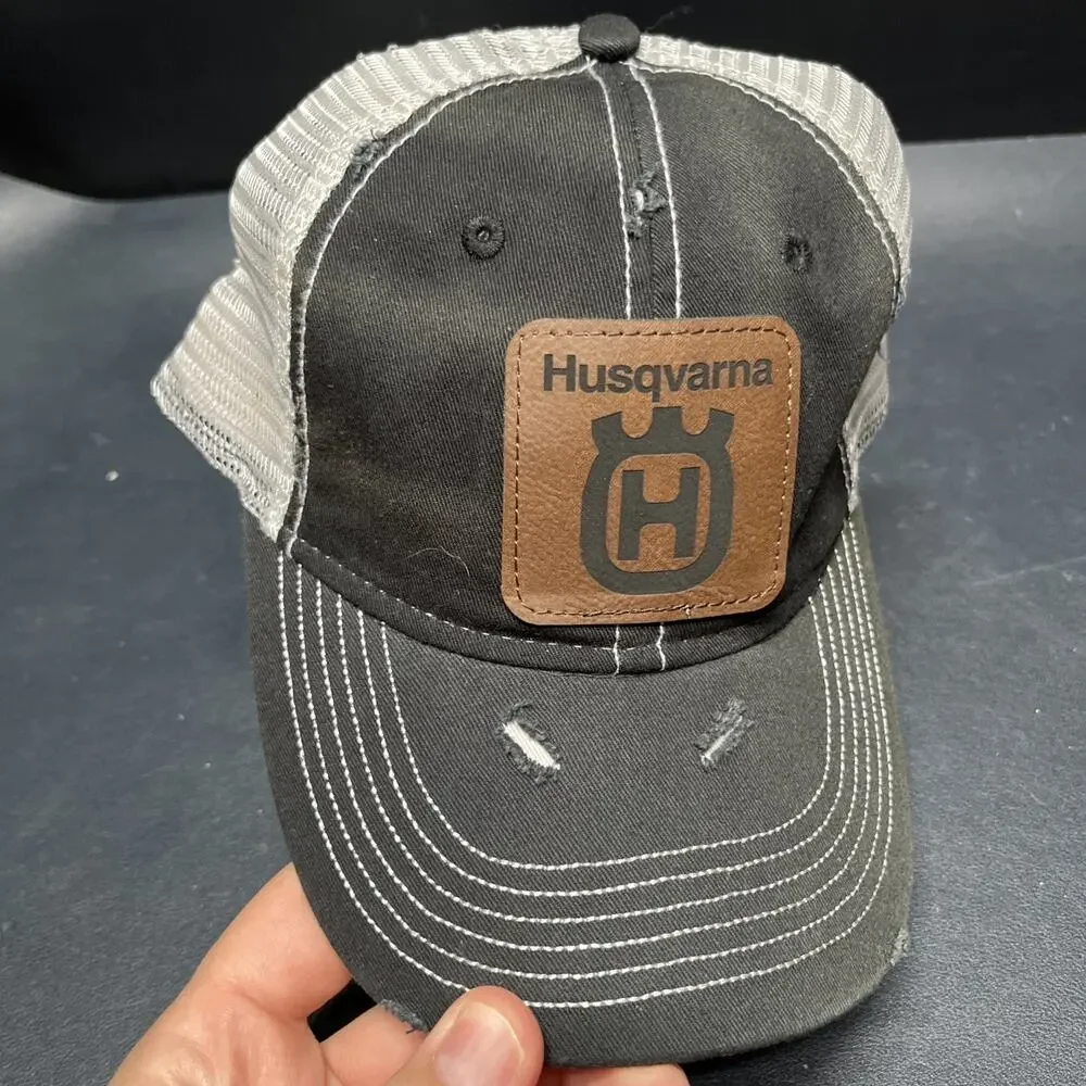 Husqvarna Trucker Hat Distressed Black Cap Patch Logo Strapback Mesh Back